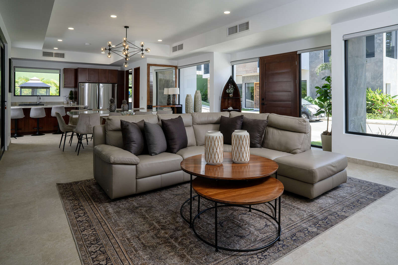 Night view of pool and living area at Villa 3